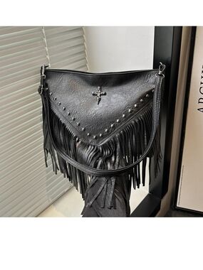 Black Fringe Cross Accent Shoulder Bag
